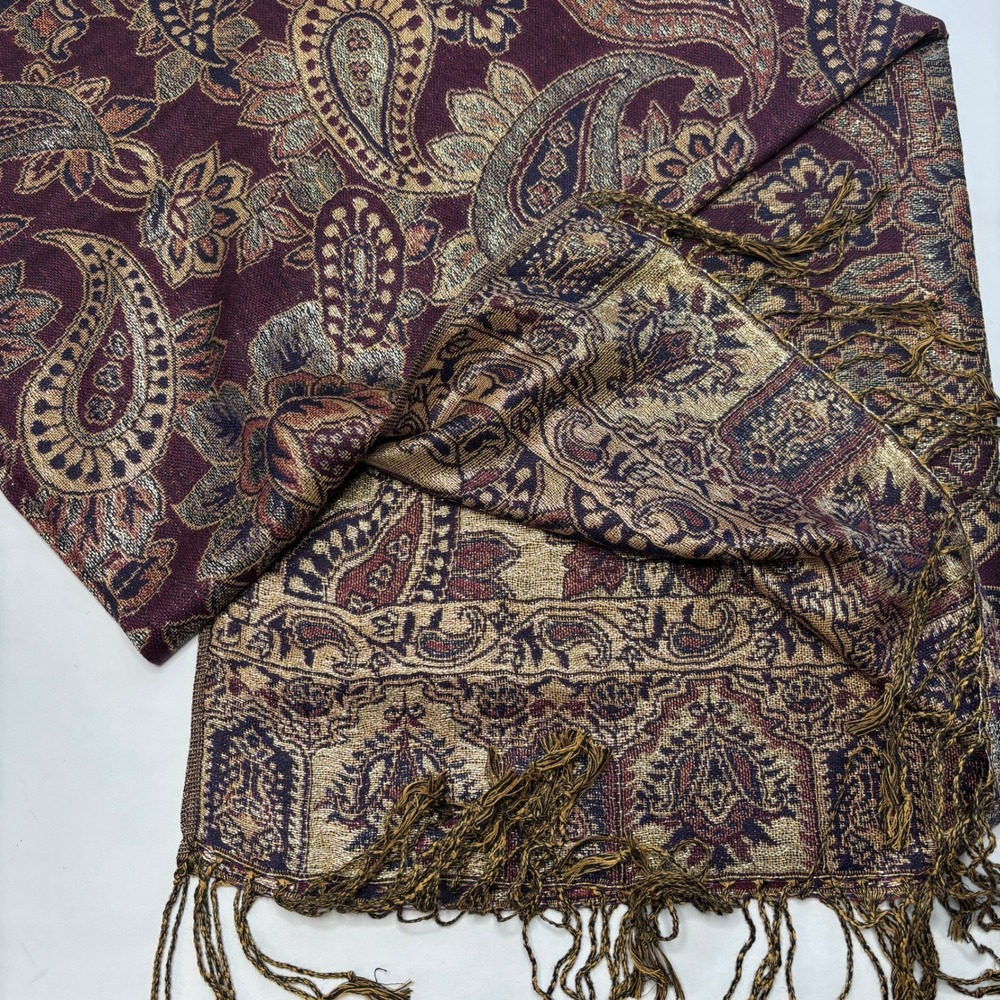 NEW Pashmina Silk Blend Paisley Shawl Scarf Burgundy Gold‎ Floral Fringe 80x24